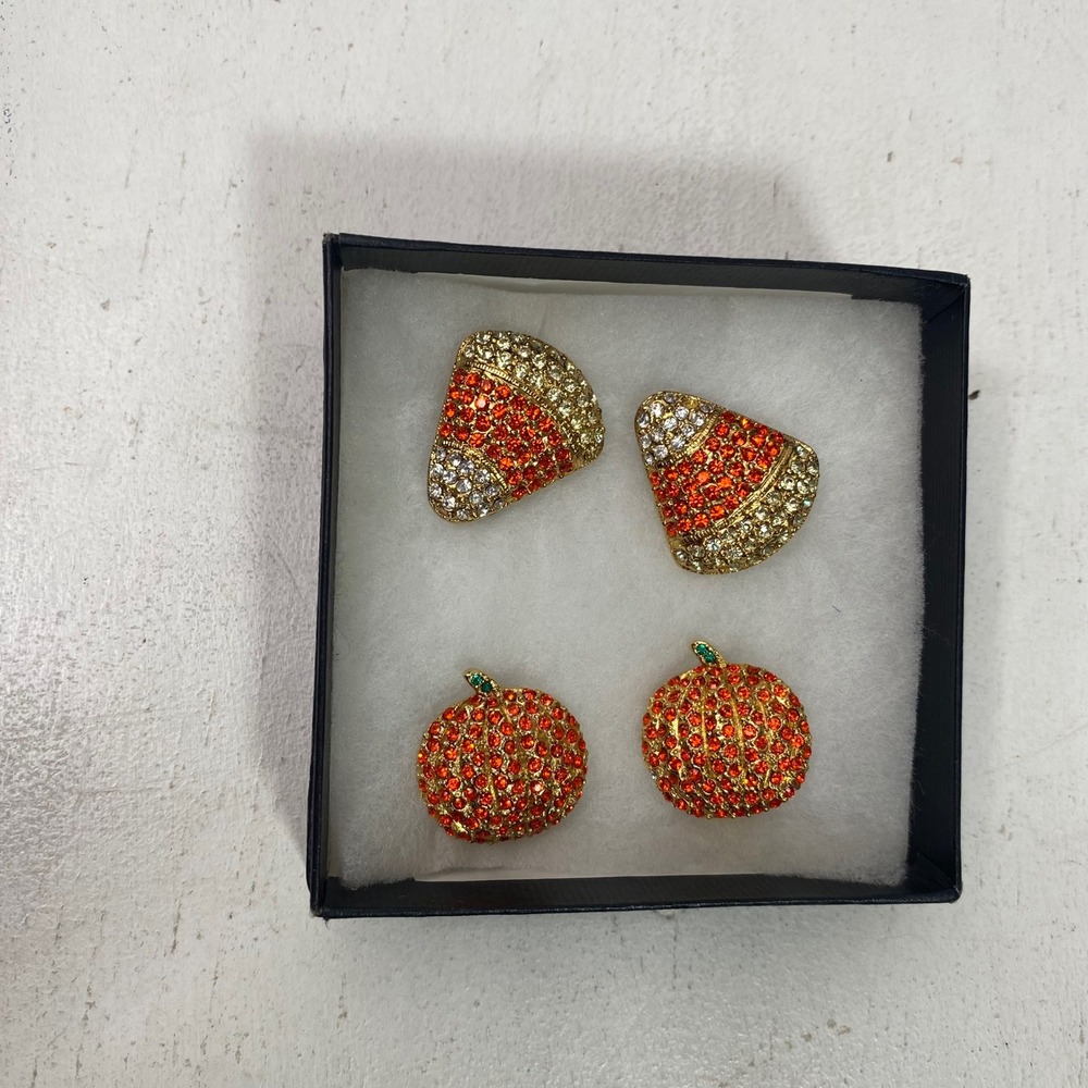 Halloween Clip On Earrings Set Rhinestone Candy Corn Pumpkin Gold Tone Pavé